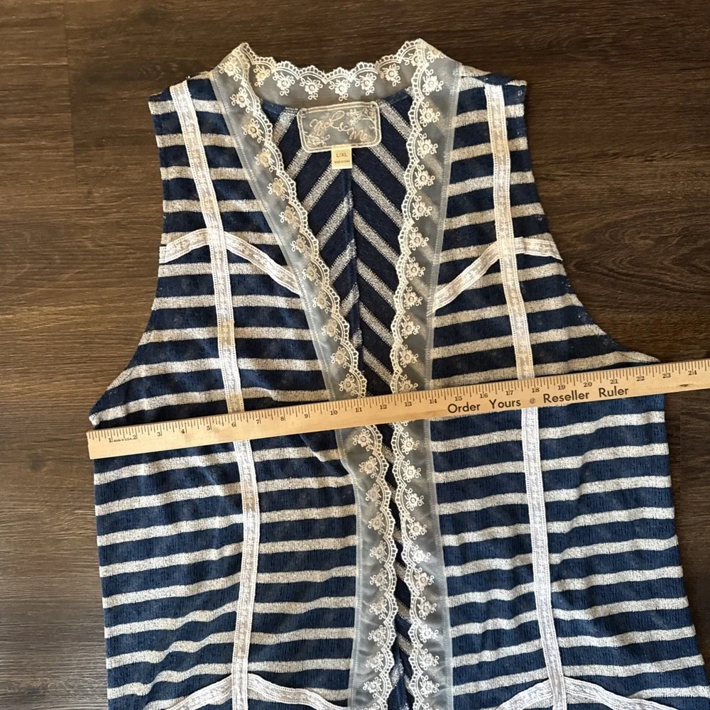 Nick & Mo Anthropologie Duster Cardigan Vest Stripe Blue Lace Bohemian Size L/XL
